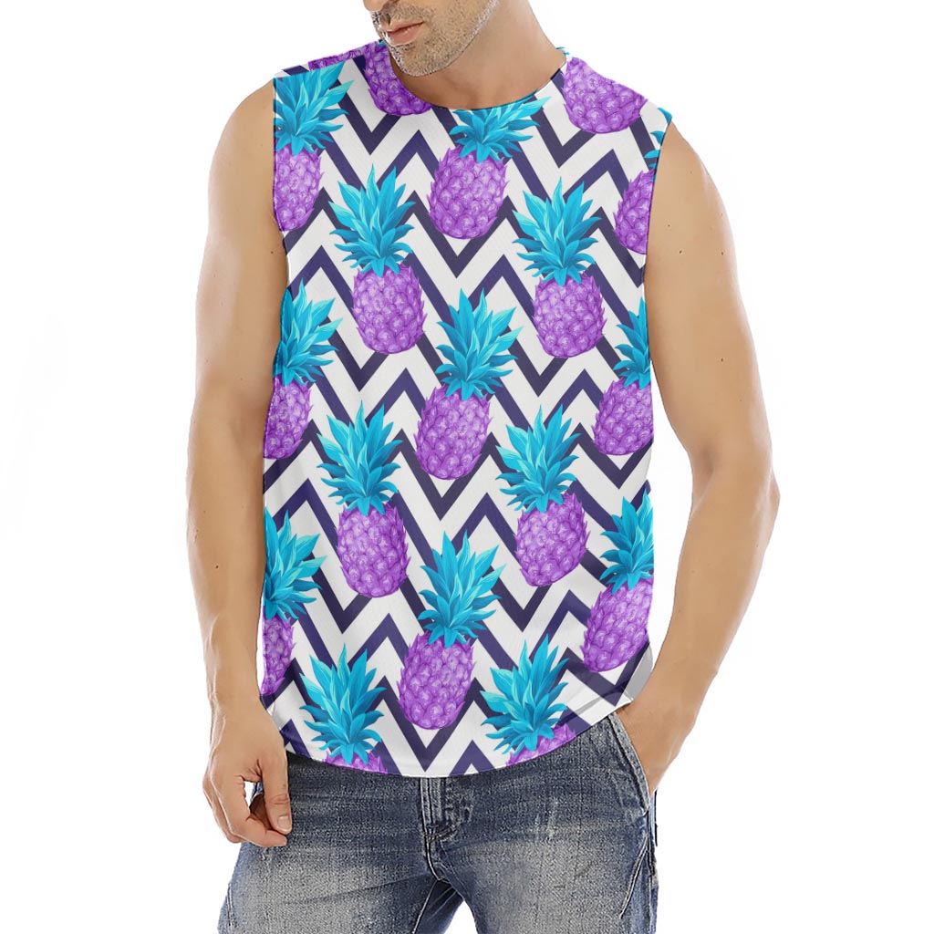 Purple Zig Zag Pineapple Pattern Print Men's Fitness Tank Top