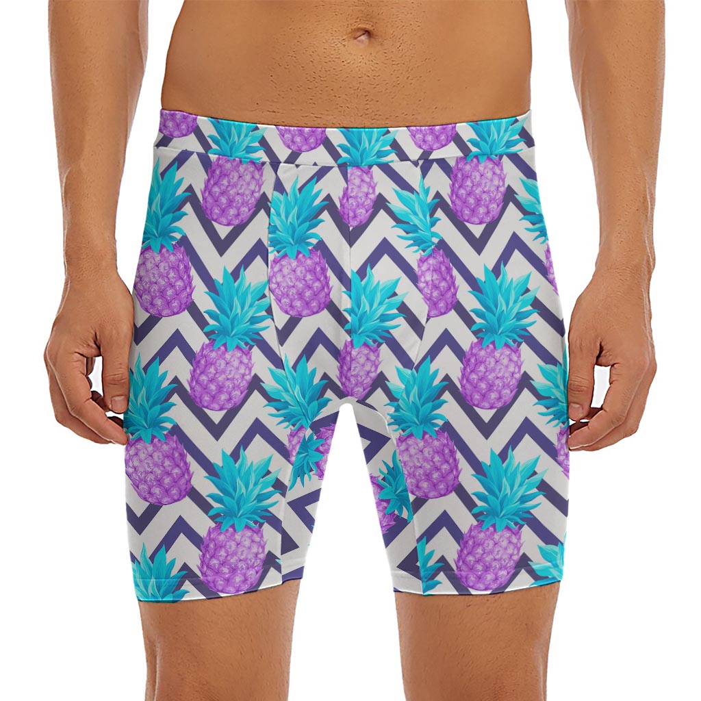 Purple Zig Zag Pineapple Pattern Print Men's Long Boxer Briefs