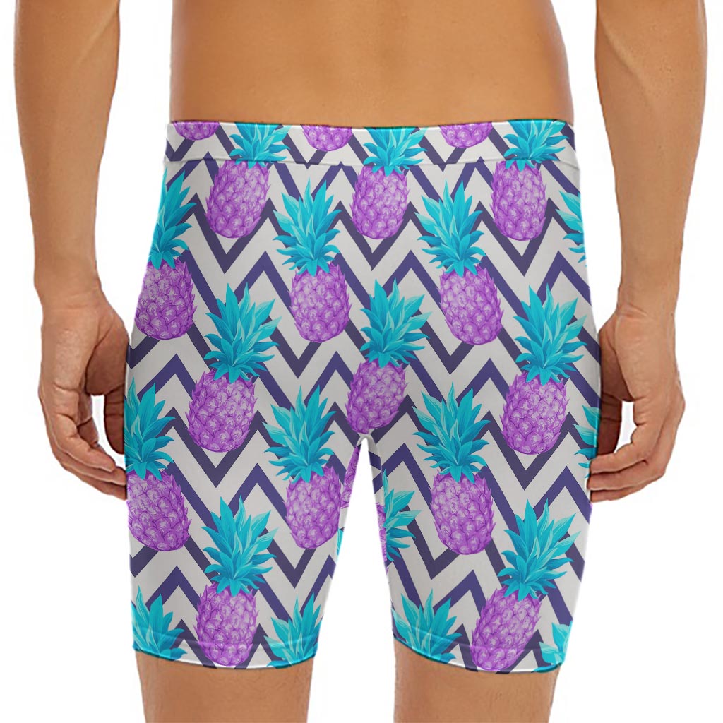 Purple Zig Zag Pineapple Pattern Print Men's Long Boxer Briefs