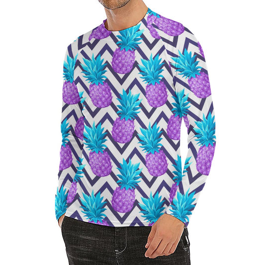 Purple Zig Zag Pineapple Pattern Print Men's Long Sleeve Rash Guard
