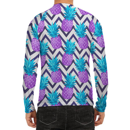 Purple Zig Zag Pineapple Pattern Print Men's Long Sleeve Rash Guard