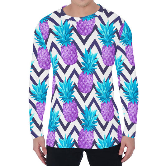Purple Zig Zag Pineapple Pattern Print Men's Long Sleeve T-Shirt