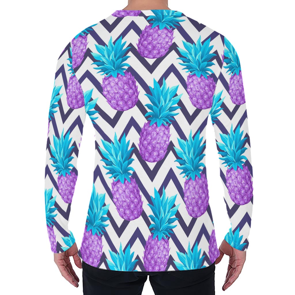 Purple Zig Zag Pineapple Pattern Print Men's Long Sleeve T-Shirt