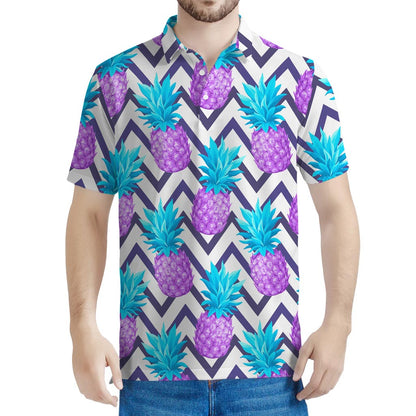 Purple Zig Zag Pineapple Pattern Print Men's Polo Shirt