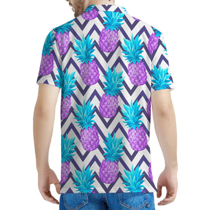 Purple Zig Zag Pineapple Pattern Print Men's Polo Shirt