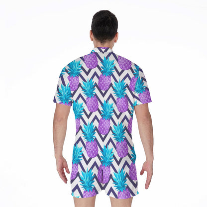Purple Zig Zag Pineapple Pattern Print Men's Rompers