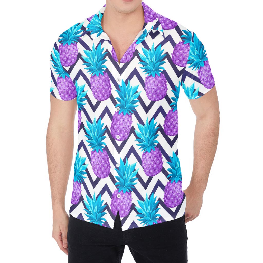 Purple Zig Zag Pineapple Pattern Print Men's Shirt