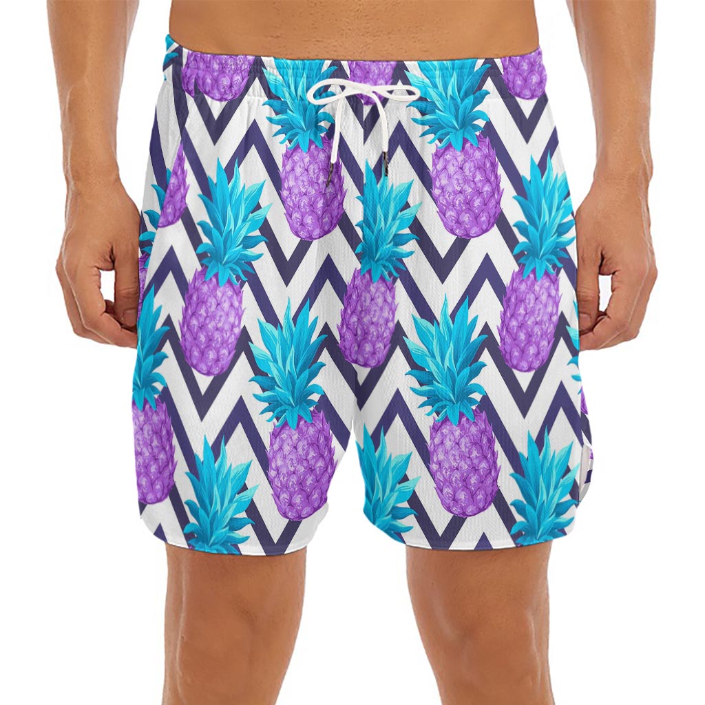 Purple Zig Zag Pineapple Pattern Print Men's Split Running Shorts