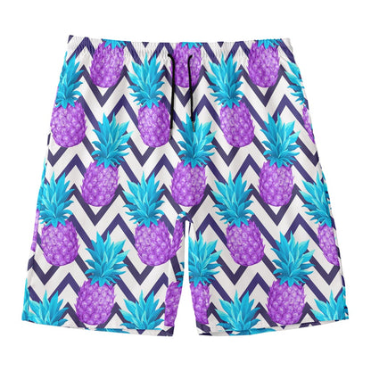 Purple Zig Zag Pineapple Pattern Print Men's Swim Trunks