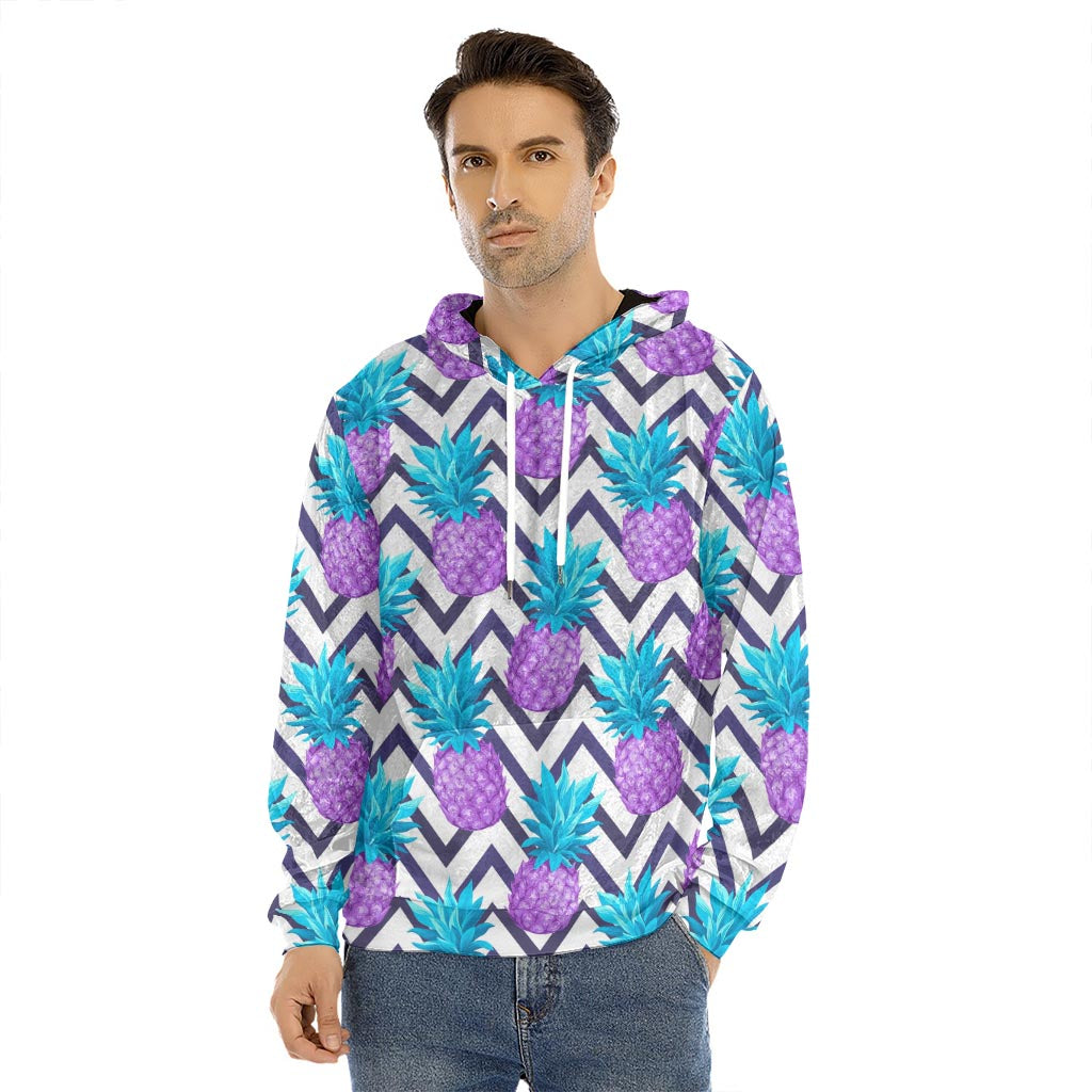 Purple Zig Zag Pineapple Pattern Print Men's Velvet Pullover Hoodie