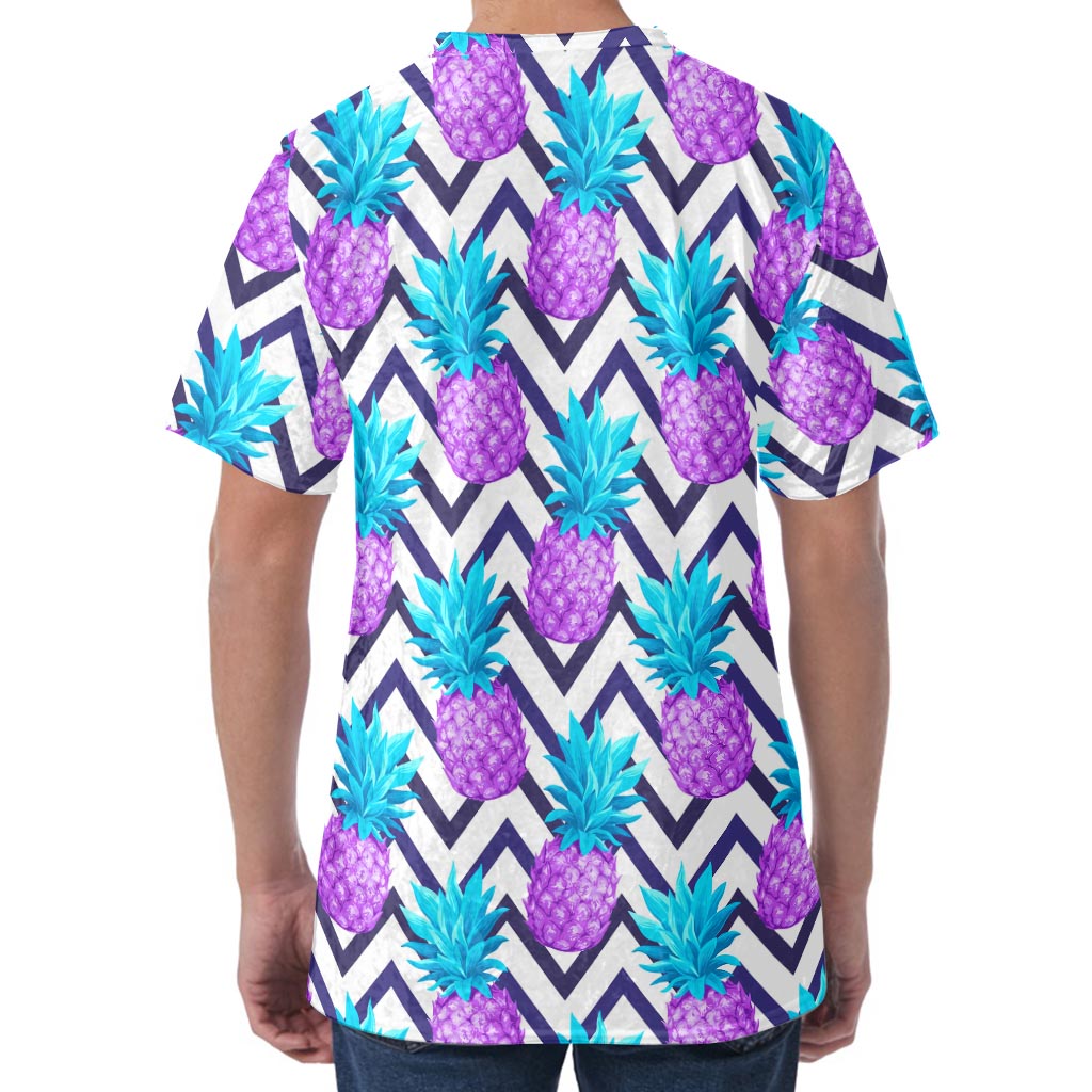 Purple Zig Zag Pineapple Pattern Print Men's Velvet T-Shirt