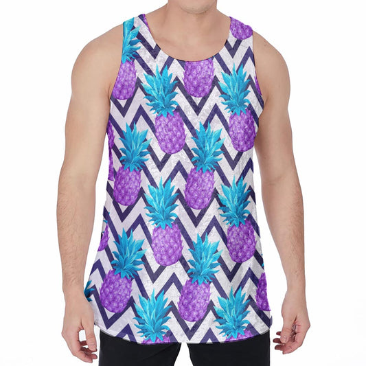Purple Zig Zag Pineapple Pattern Print Men's Velvet Tank Top