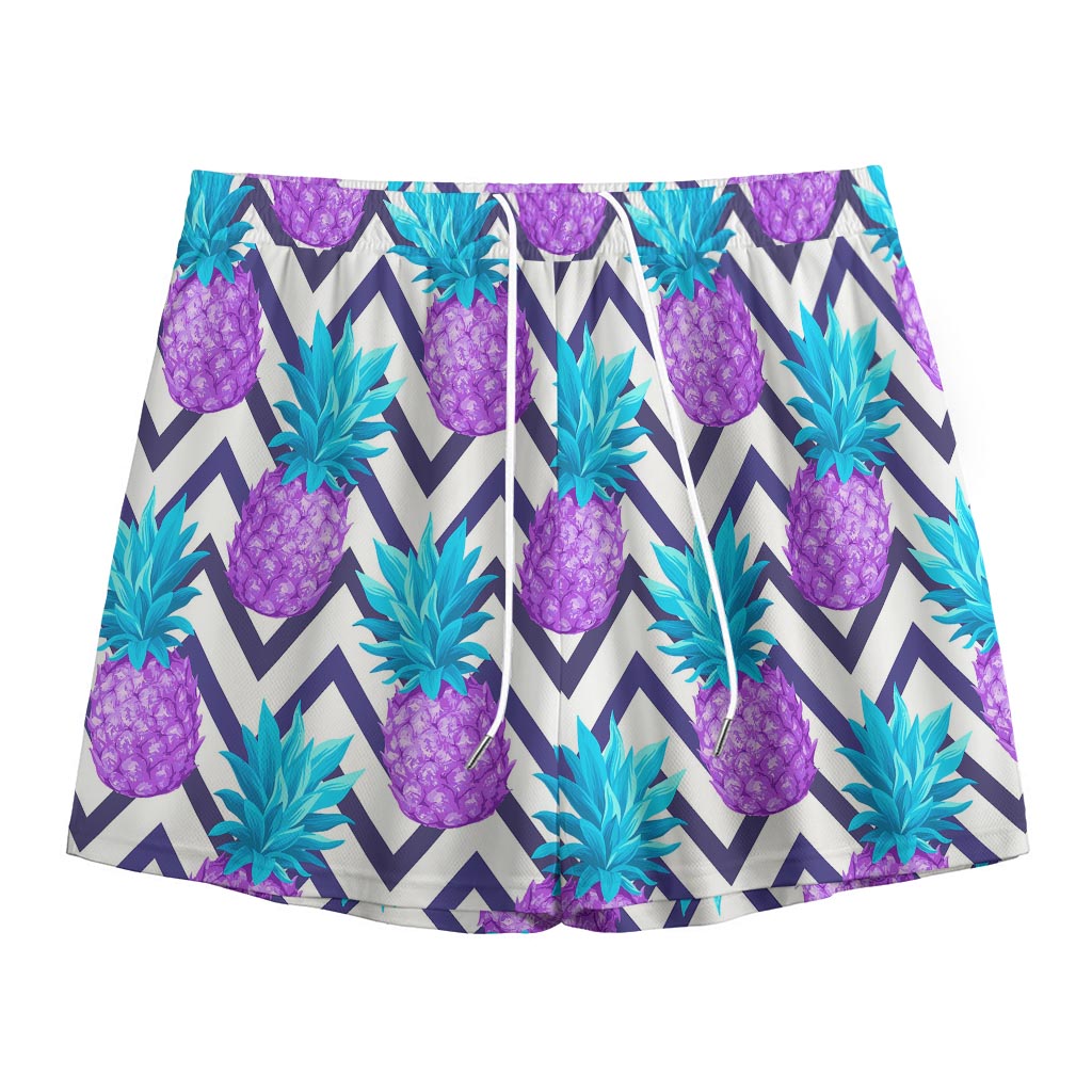 Purple Zig Zag Pineapple Pattern Print Mesh Shorts