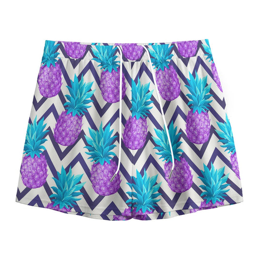 Purple Zig Zag Pineapple Pattern Print Mesh Shorts