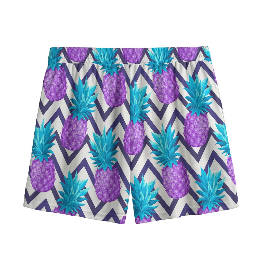 Purple Zig Zag Pineapple Pattern Print Mesh Shorts