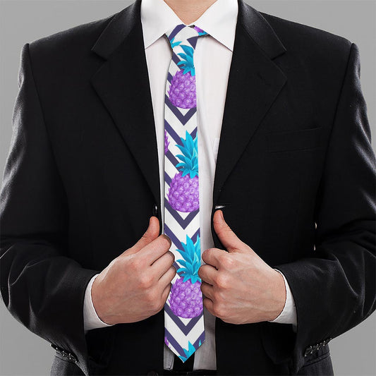Purple Zig Zag Pineapple Pattern Print Necktie