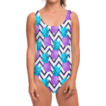 Purple Zig Zag Pineapple Pattern Print One Piece Swimsuit