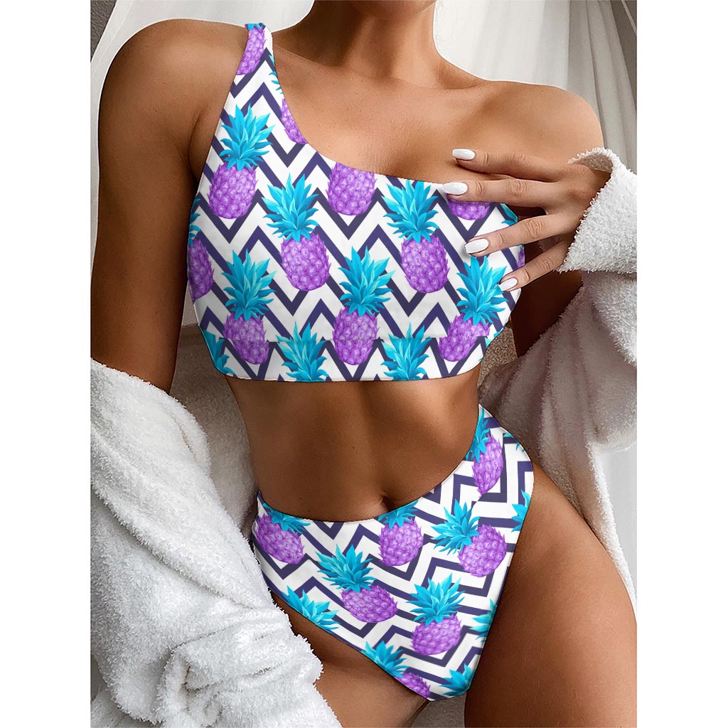 Purple Zig Zag Pineapple Pattern Print One Shoulder Bikini Top