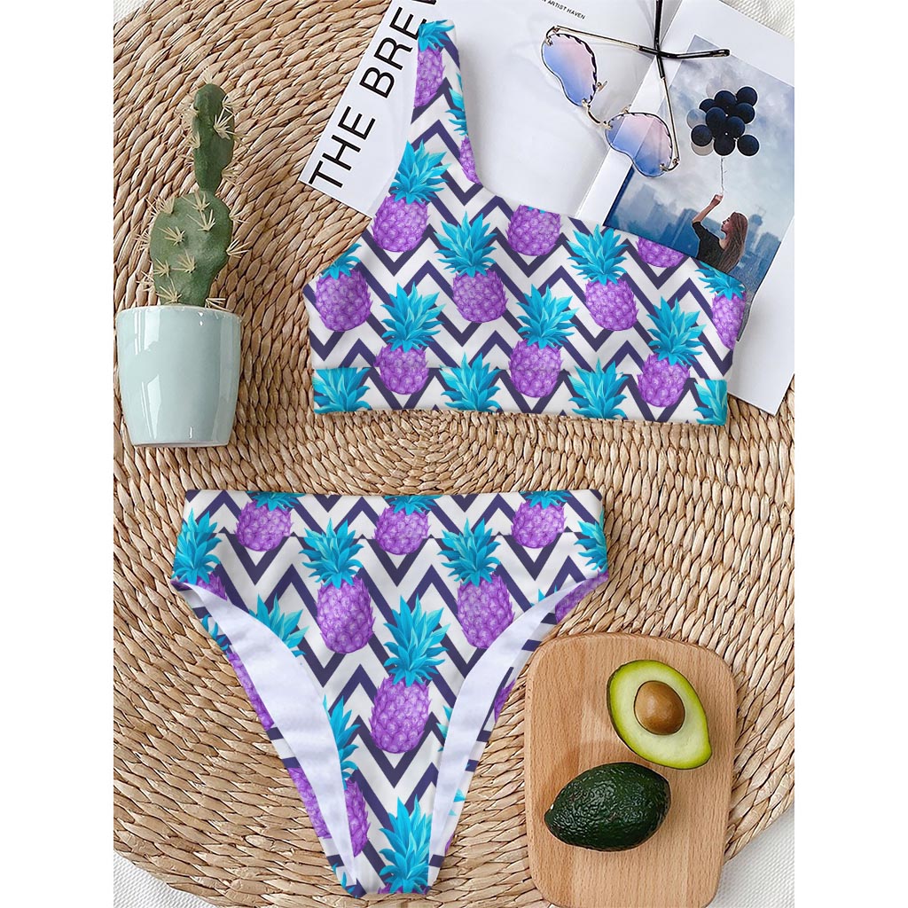 Purple Zig Zag Pineapple Pattern Print One Shoulder Bikini Top