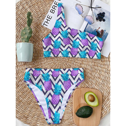 Purple Zig Zag Pineapple Pattern Print One Shoulder Bikini Top