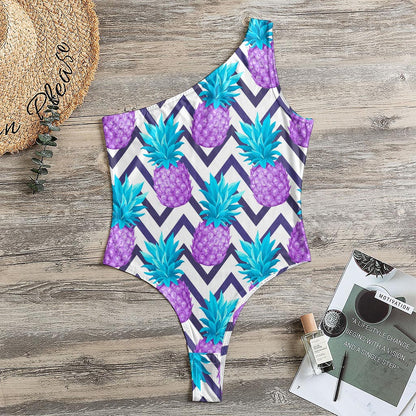 Purple Zig Zag Pineapple Pattern Print One Shoulder Bodysuit