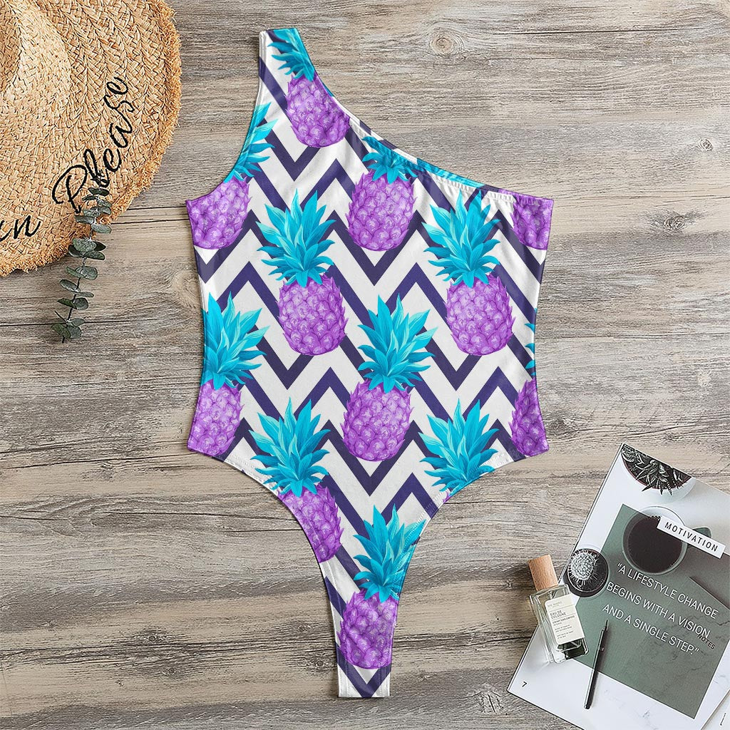 Purple Zig Zag Pineapple Pattern Print One Shoulder Bodysuit