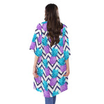 Purple Zig Zag Pineapple Pattern Print Open Front Beach Cover Up