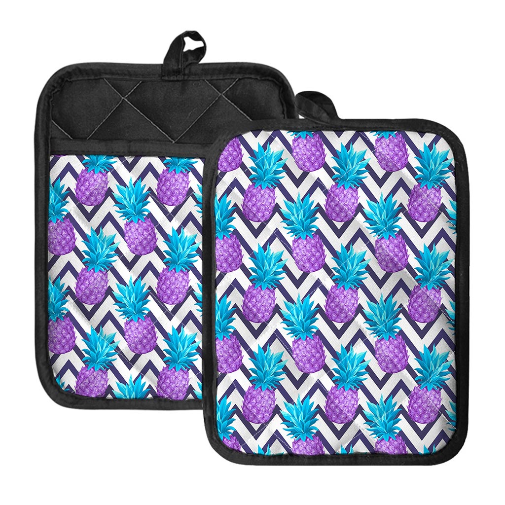 Purple Zig Zag Pineapple Pattern Print Pot Holders With Pocket