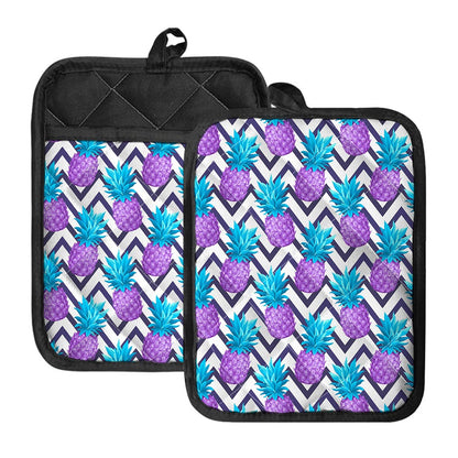 Purple Zig Zag Pineapple Pattern Print Pot Holders With Pocket