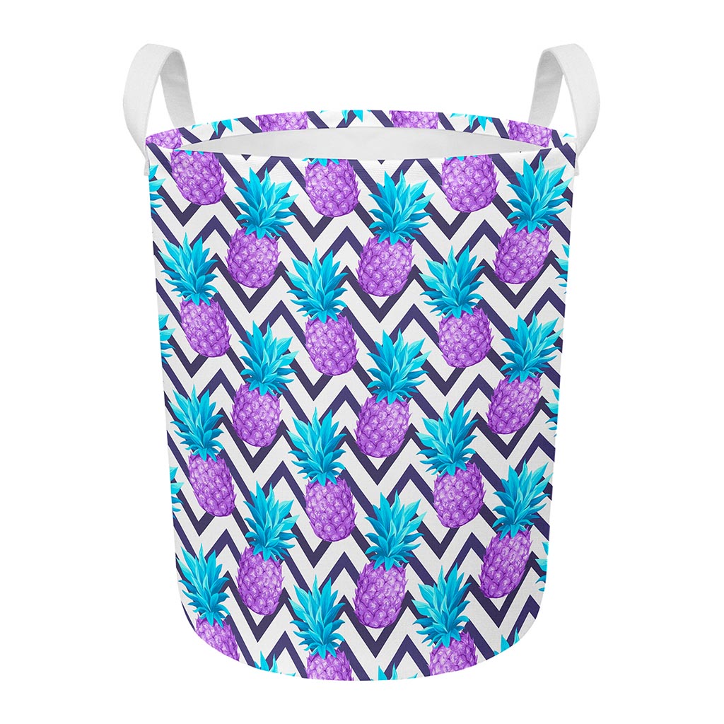 Purple Zig Zag Pineapple Pattern Print Round Laundry Basket