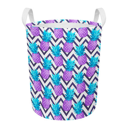 Purple Zig Zag Pineapple Pattern Print Round Laundry Basket