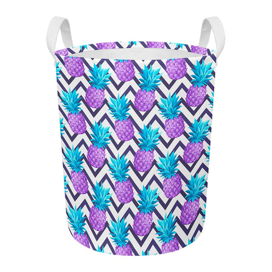 Purple Zig Zag Pineapple Pattern Print Round Laundry Basket