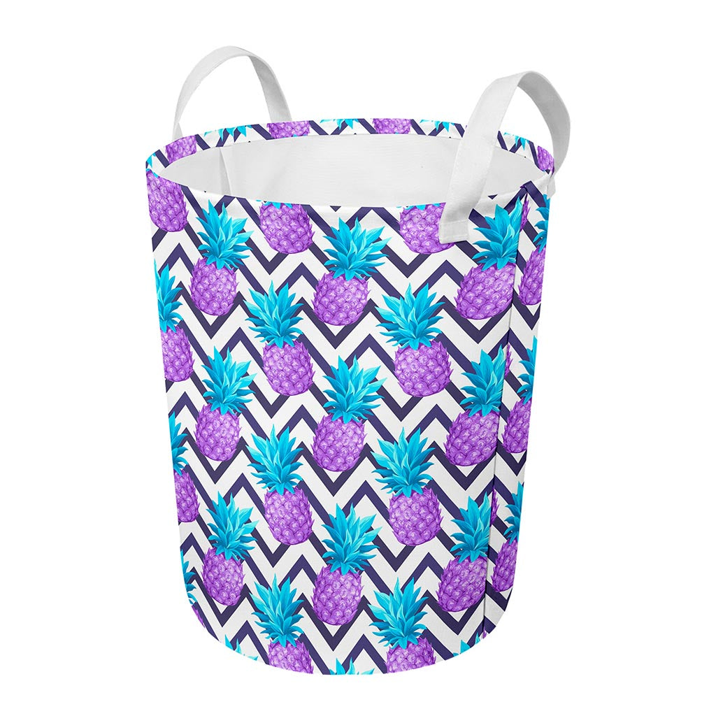 Purple Zig Zag Pineapple Pattern Print Round Laundry Basket