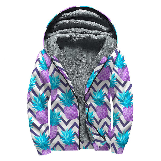 Purple Zig Zag Pineapple Pattern Print Sherpa Lined Zip Up Hoodie