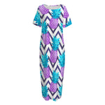 Purple Zig Zag Pineapple Pattern Print Short Sleeve Long Nightdress