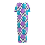 Purple Zig Zag Pineapple Pattern Print Short Sleeve Long Nightdress