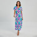 Purple Zig Zag Pineapple Pattern Print Short Sleeve Maxi Dress