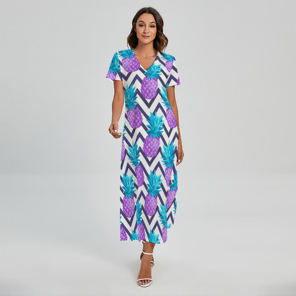 Purple Zig Zag Pineapple Pattern Print Short Sleeve Maxi Dress