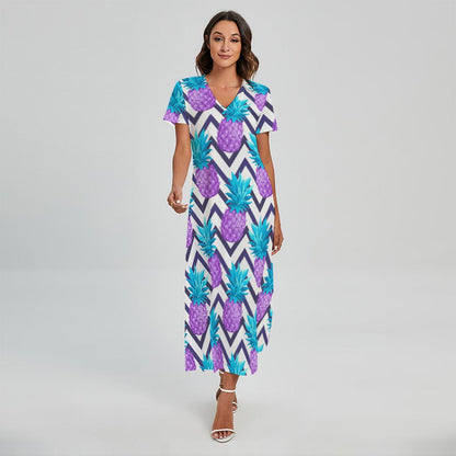 Purple Zig Zag Pineapple Pattern Print Short Sleeve Maxi Dress