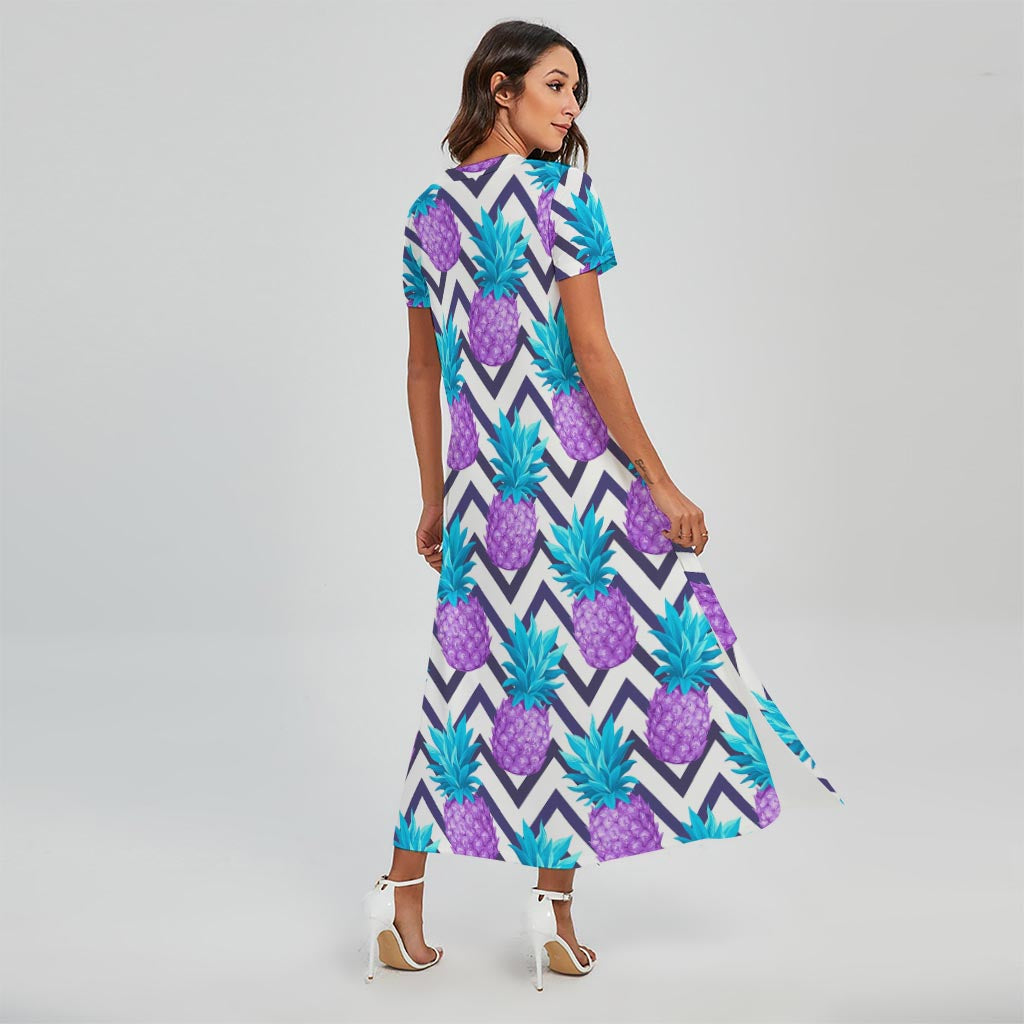 Purple Zig Zag Pineapple Pattern Print Short Sleeve Maxi Dress