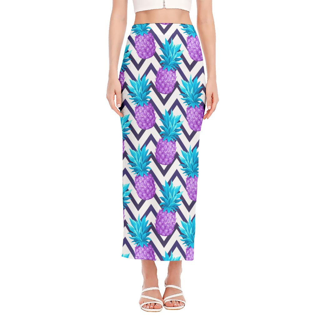 Purple Zig Zag Pineapple Pattern Print Side Slit Maxi Skirt