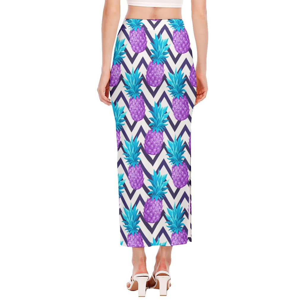 Purple Zig Zag Pineapple Pattern Print Side Slit Maxi Skirt