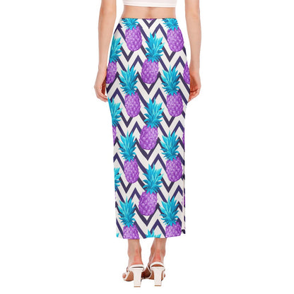 Purple Zig Zag Pineapple Pattern Print Side Slit Maxi Skirt