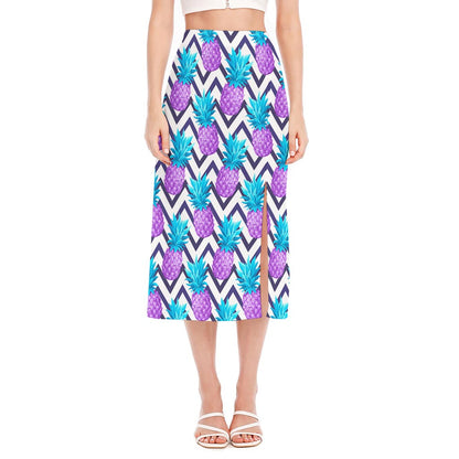 Purple Zig Zag Pineapple Pattern Print Side Slit Midi Skirt