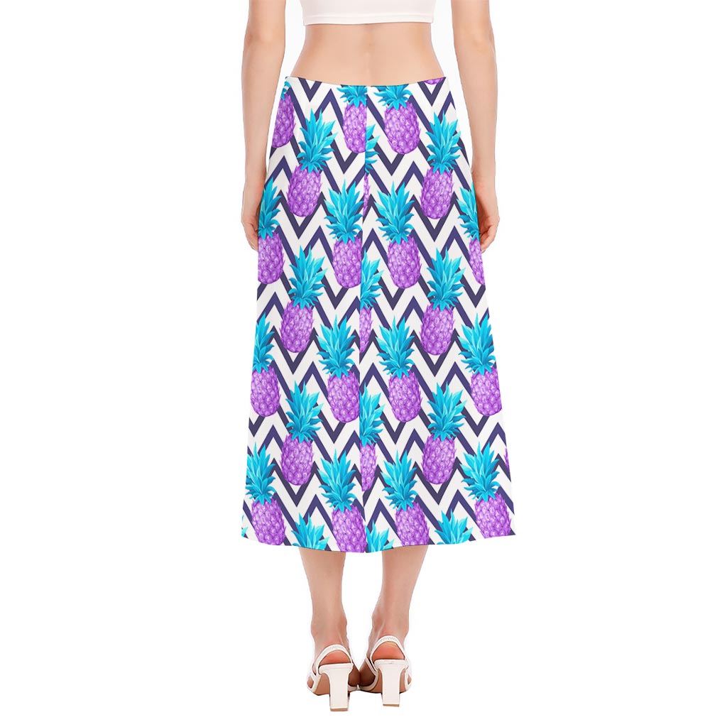 Purple Zig Zag Pineapple Pattern Print Side Slit Midi Skirt