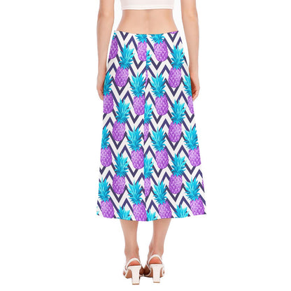 Purple Zig Zag Pineapple Pattern Print Side Slit Midi Skirt
