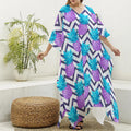 Purple Zig Zag Pineapple Pattern Print Silk V-Neck Kaftan Dress