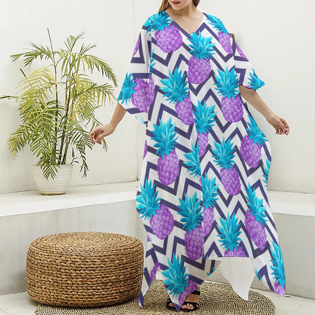 Purple Zig Zag Pineapple Pattern Print Silk V-Neck Kaftan Dress
