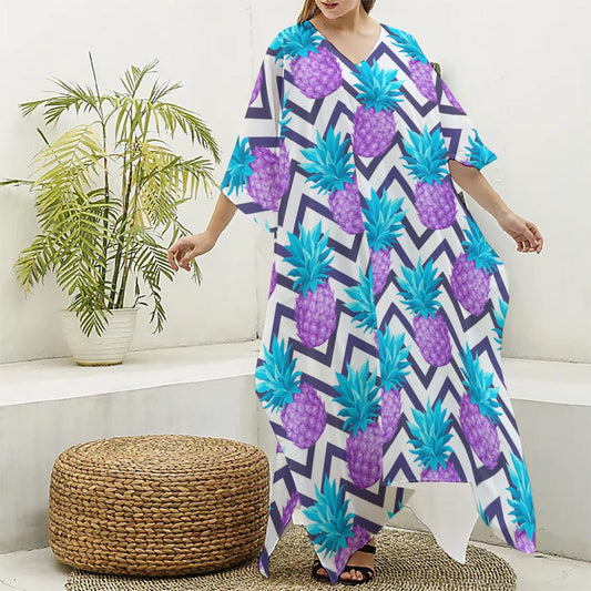 Purple Zig Zag Pineapple Pattern Print Silk V-Neck Kaftan Dress
