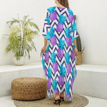 Purple Zig Zag Pineapple Pattern Print Silk V-Neck Kaftan Dress